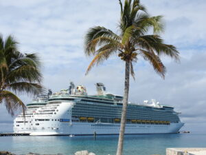 Cruise ship docked at island